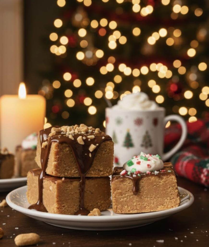 A plate of peanut butter fudge squares topped with chocolate and nuts sits in front of a lit candle and a mug of hot chocolate with whipped cream, against a background of festive holiday lights and a decorated tree.