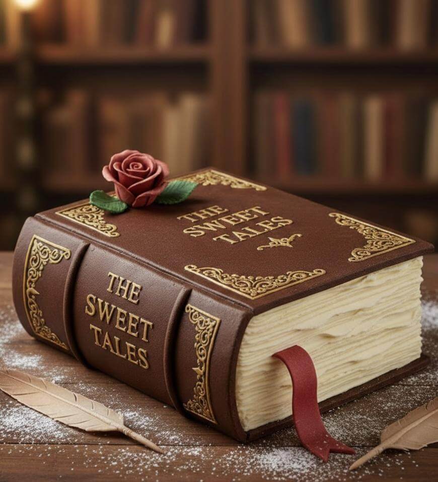 A cake designed to look like an ornate brown book titled The Sweet Tales, decorated with a red rose on top. The cake sits on a table with feather quills and a bookshelf in the background.