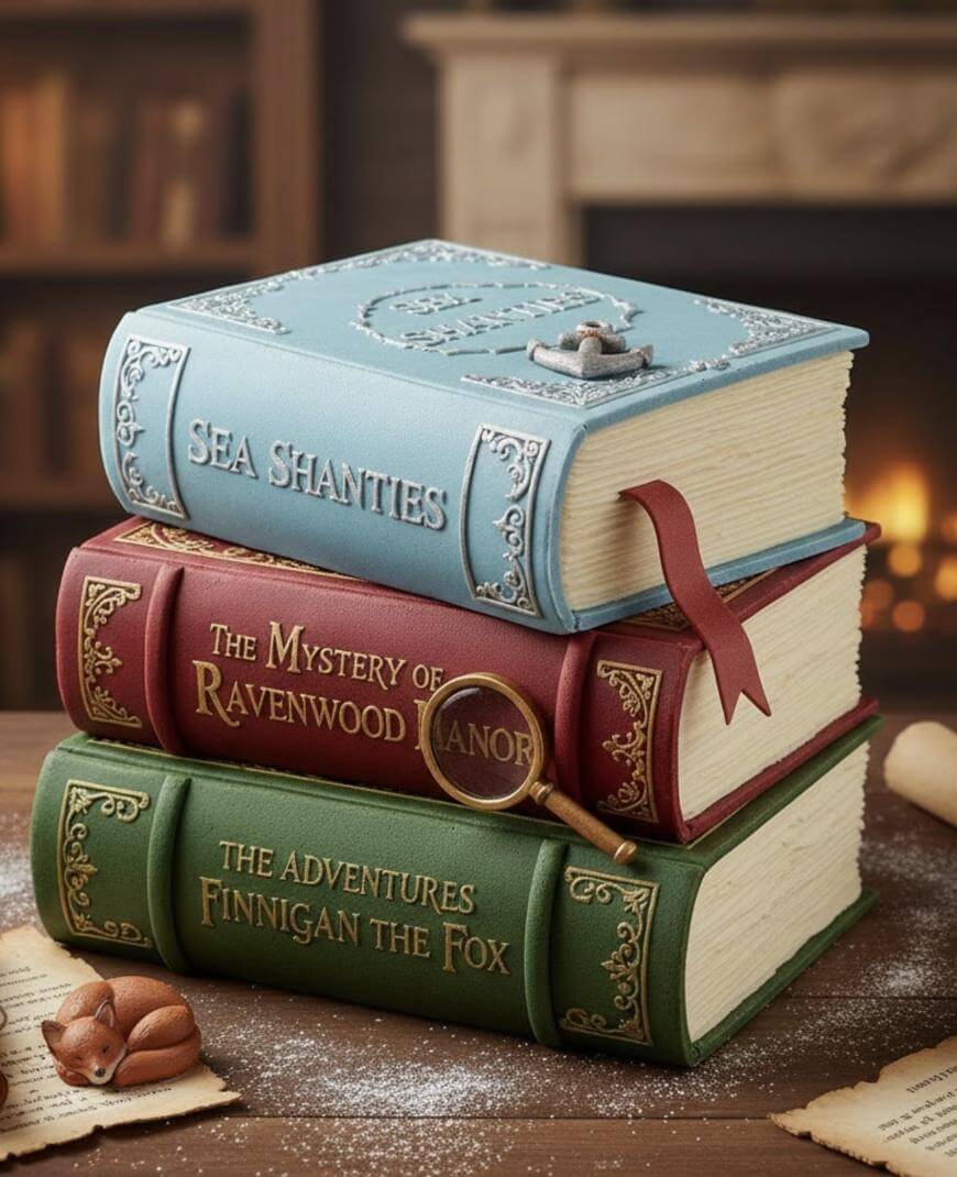 Three ornate books stacked on a wooden table: “Sea Shanties” (blue), “The Mystery of Ravenwood Manor” (red, with a magnifying glass), and “The Adventures of Finnigan the Fox” (green), near a cozy fireplace.