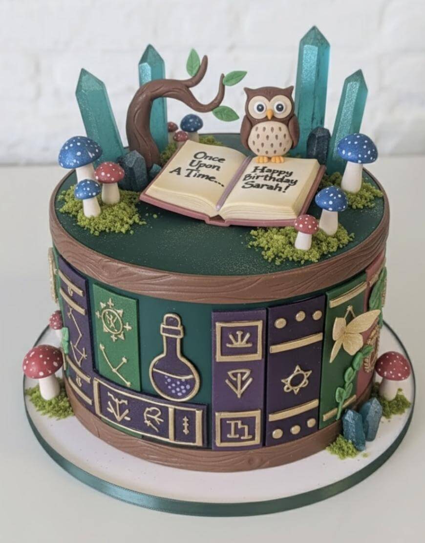 A round cake decorated with magical book covers, mushrooms, crystals, a tree, and an owl. An open book on top says, Once Upon A Time... Happy Birthday Sarah! The cake has a fantasy, storybook theme.