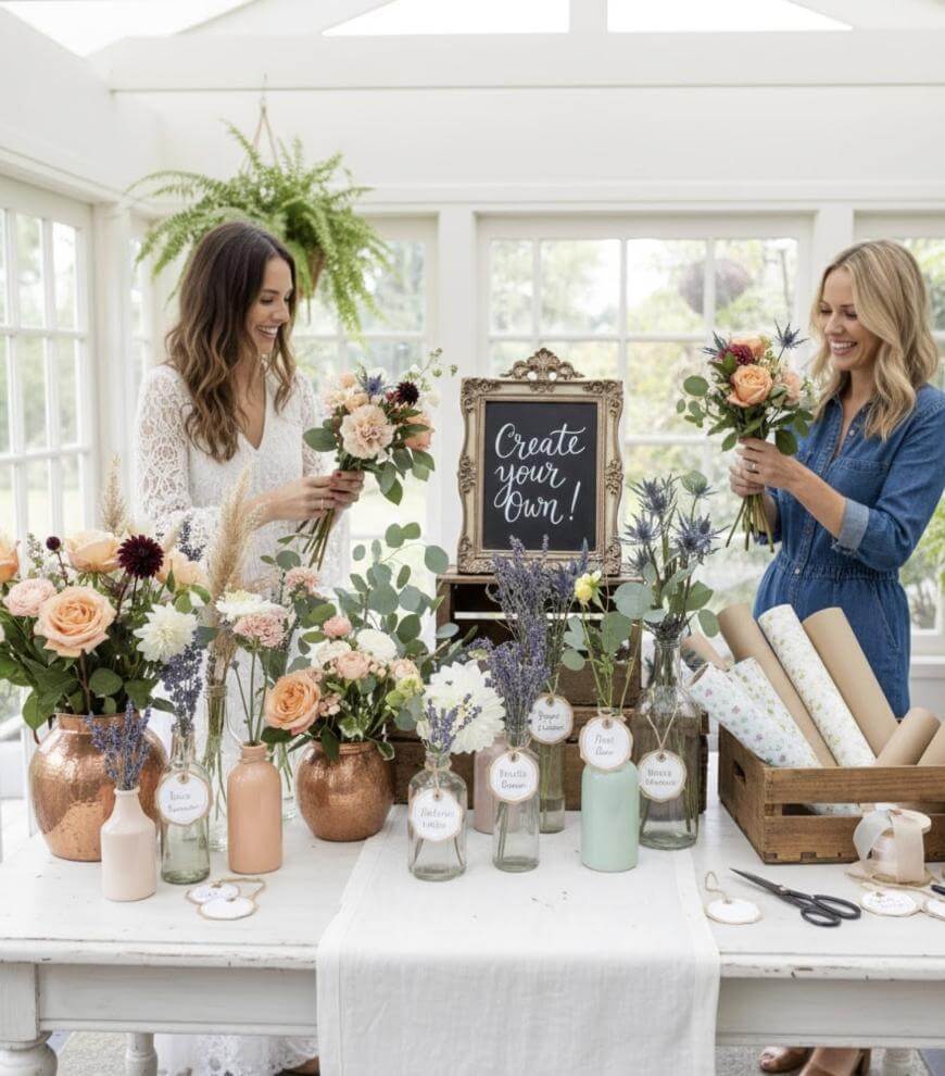 Two women arrange flower bouquets at a bright table filled with vases, flowers, and decor supplies. A chalkboard sign reads Create your own! The setting is cheerful and light-filled with large windows.