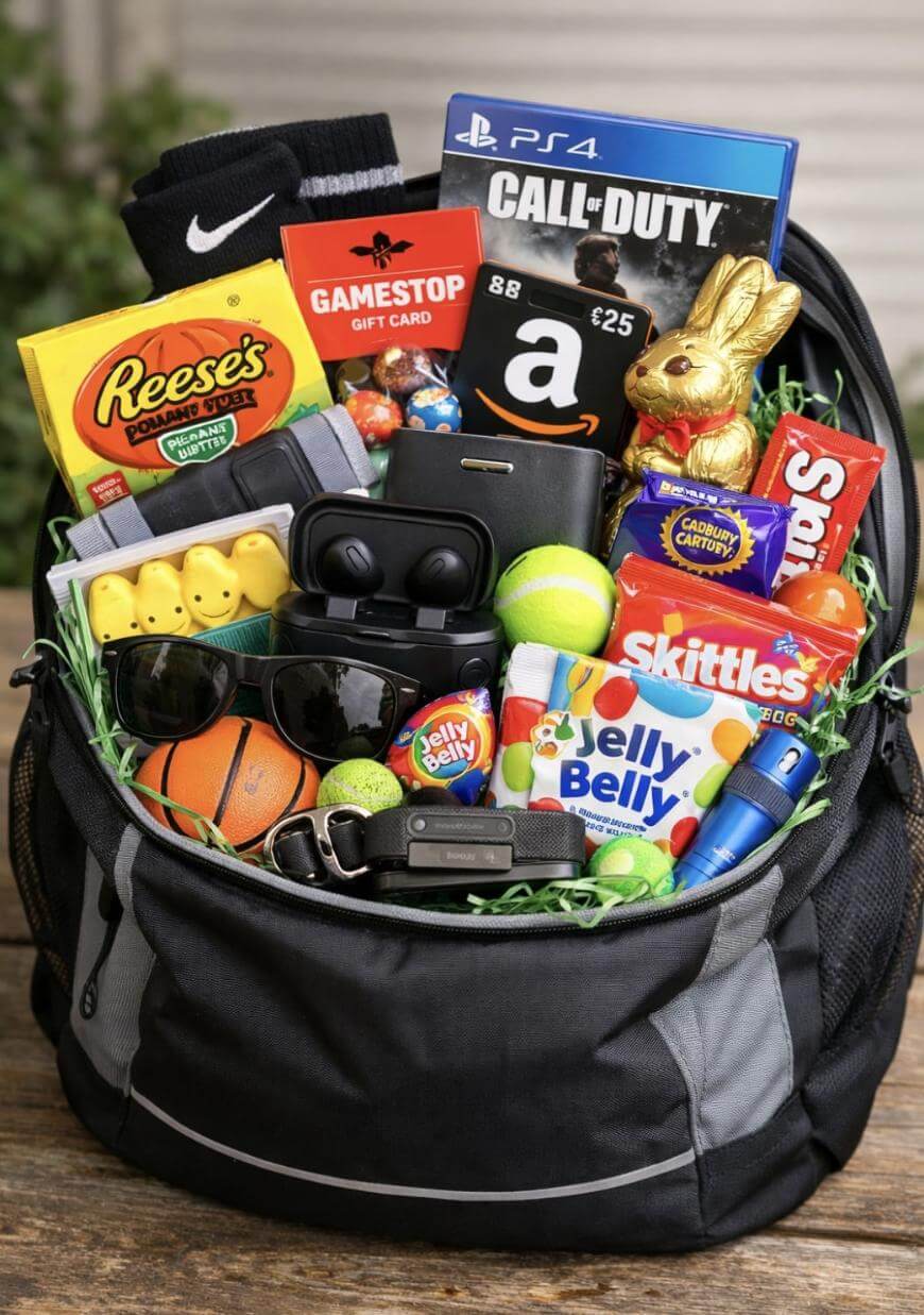 A backpack filled with assorted gifts including candy, a Reese’s egg, Skittles, a chocolate bunny, Amazon and GameStop gift cards, tennis balls, PS4 game, socks, ear buds, a smartwatch, and a mini basketball.