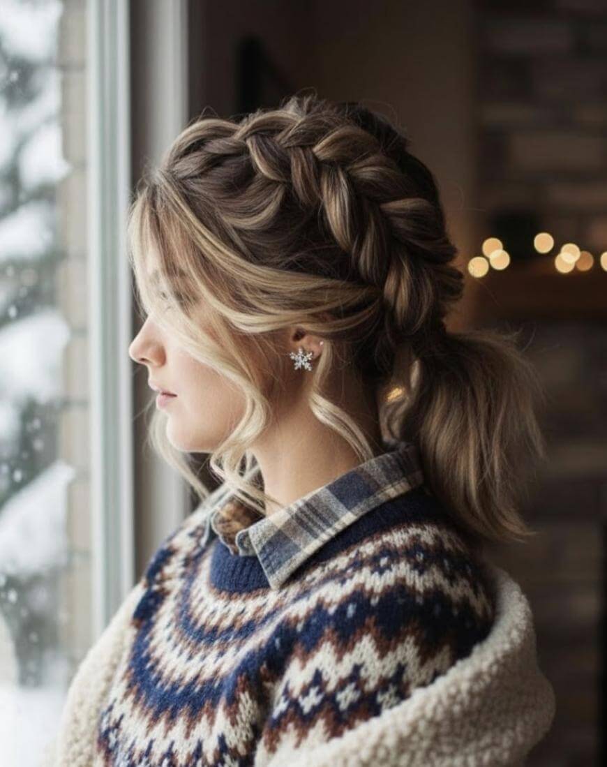 A woman with a side braid hairstyle, wearing a patterned sweater and snowflake earrings, looks out a window. Soft lights and a snowy scene are visible in the blurred background.
