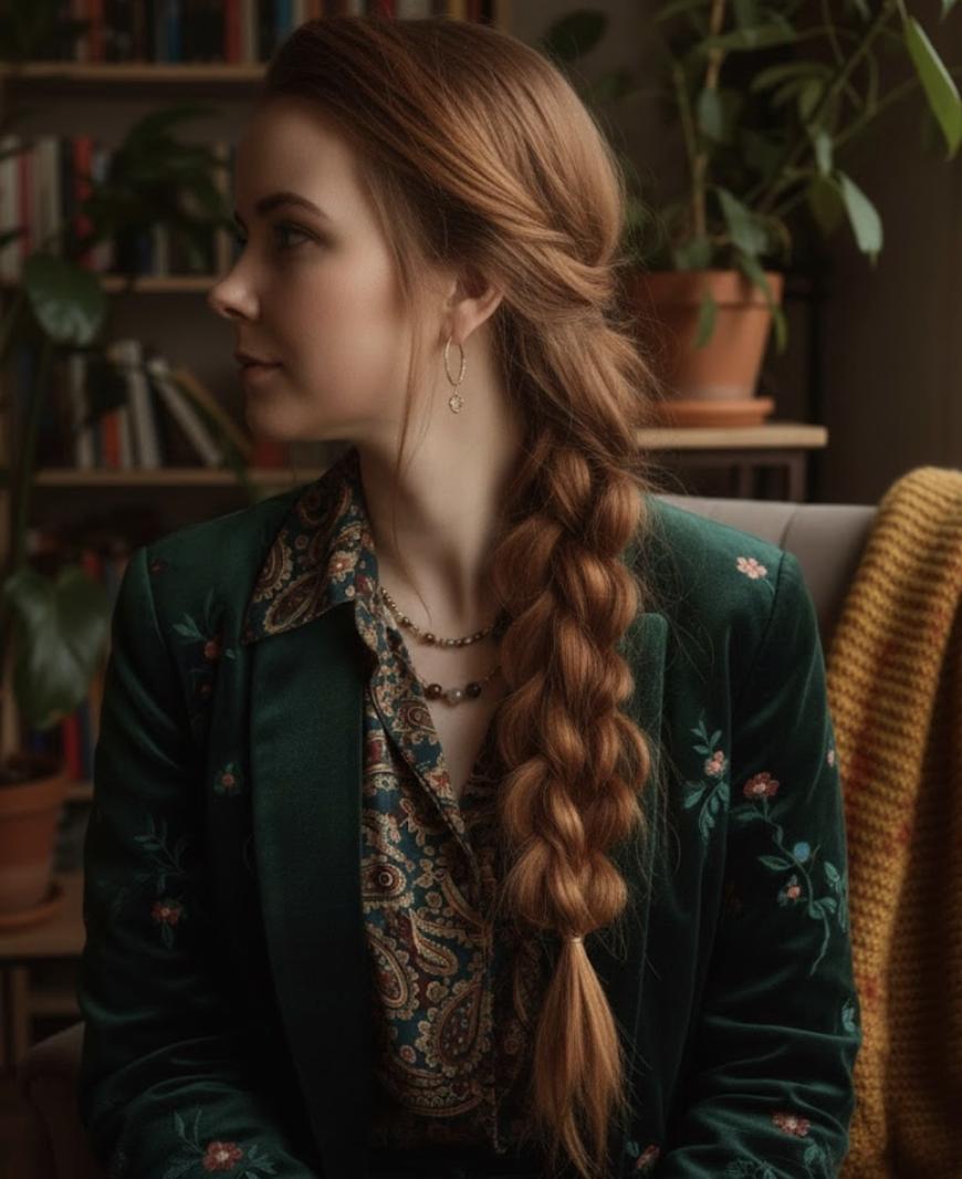 A woman with long, braided auburn hair sits indoors, wearing a green floral blazer over a patterned shirt. She is looking to the side. Potted plants and bookshelves are visible in the softly lit background.