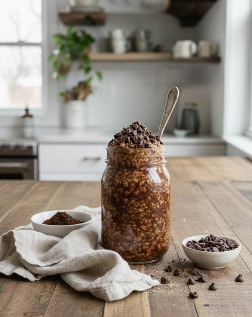 A mason jar filled with chocolate overnight oats topped with chocolate chips sits on a wooden table. Nearby are small bowls with cocoa powder and chocolate chips, and a light cloth; a bright kitchen is in the background.