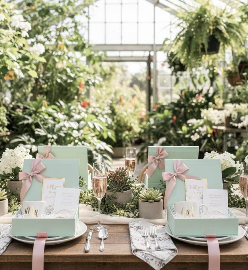 A beautifully set table in a sunlit greenhouse, featuring mint-green gift boxes with pink ribbons, champagne glasses, floral napkins, and lush greenery and succulents as the centerpiece.