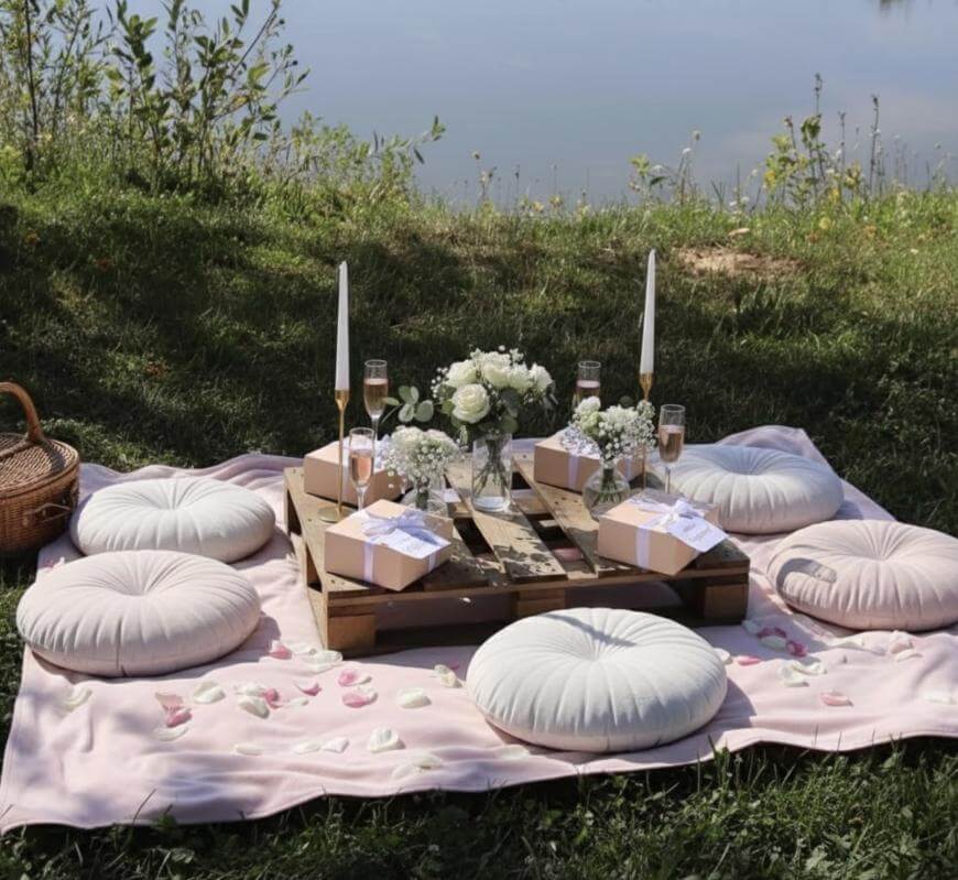 A picnic setup on grass with a blush blanket, round white cushions, a wooden pallet table topped with flowers, candles, champagne glasses, and wrapped gift boxes, set by a calm lake.