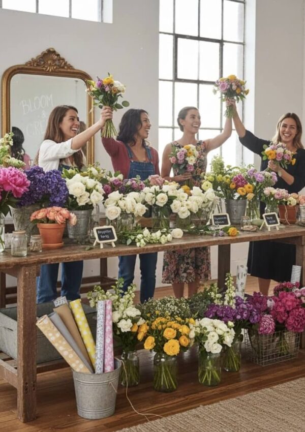 Four women stand behind a table filled with colorful flowers in vases, smiling and holding up flower arrangements in a bright, sunlit room with large windows. Rolls of wrapping paper and a chalkboard are visible in the background.