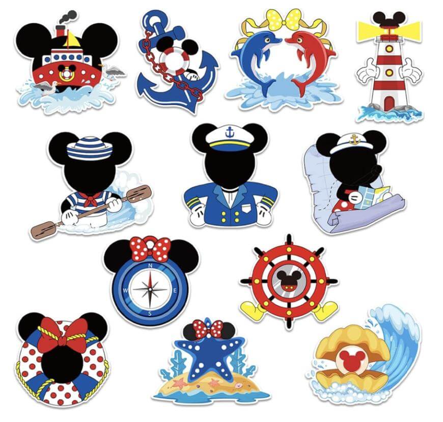 Twelve nautical-themed cartoon stickers feature mouse heads with sailor hats, anchors, a ship, dolphins, a lighthouse, a compass, a life preserver, and beach elements in bright colors.