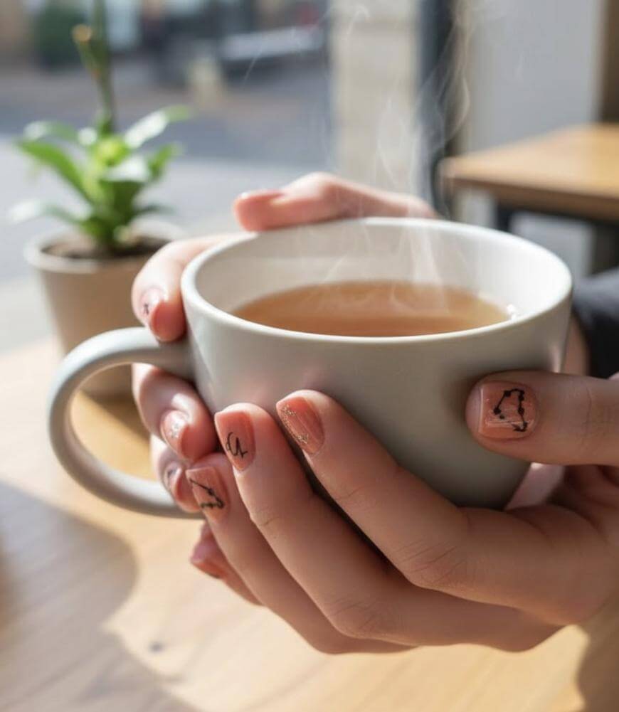 A person holding a steaming mug of tea or coffee with both hands, showing nails painted with simple black line art designs. A potted plant and sunlight are visible in the blurred background.