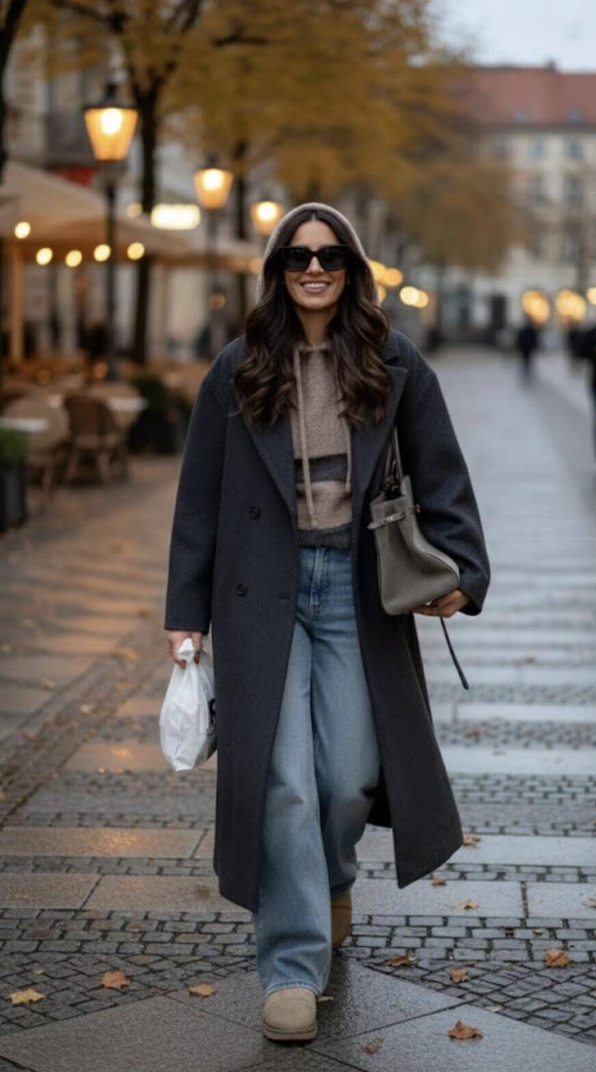 A woman with long dark hair walks down a city street, smiling. She wears a dark coat, beige sweater, wide-leg jeans, tan boots, large sunglasses, and carries a gray handbag and a white shopping bag. Trees and outdoor lights line the street.