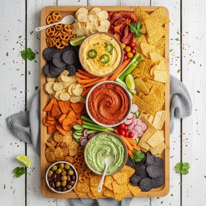 A large wooden platter with three bowls of colorful dips, surrounded by assorted chips, crackers, veggies like carrots and celery, radishes, cherry tomatoes, and a small bowl of green olives, all on a white wooden table.