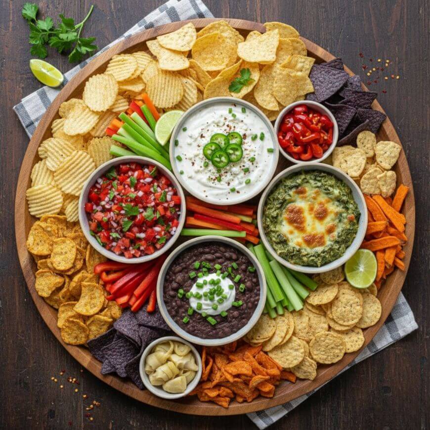 A large round platter with chips, crackers, veggie sticks, and five bowls of dips including salsa, black beans, spinach dip, and cream-based dips, garnished with herbs and sliced jalapeños on a dark wooden table.