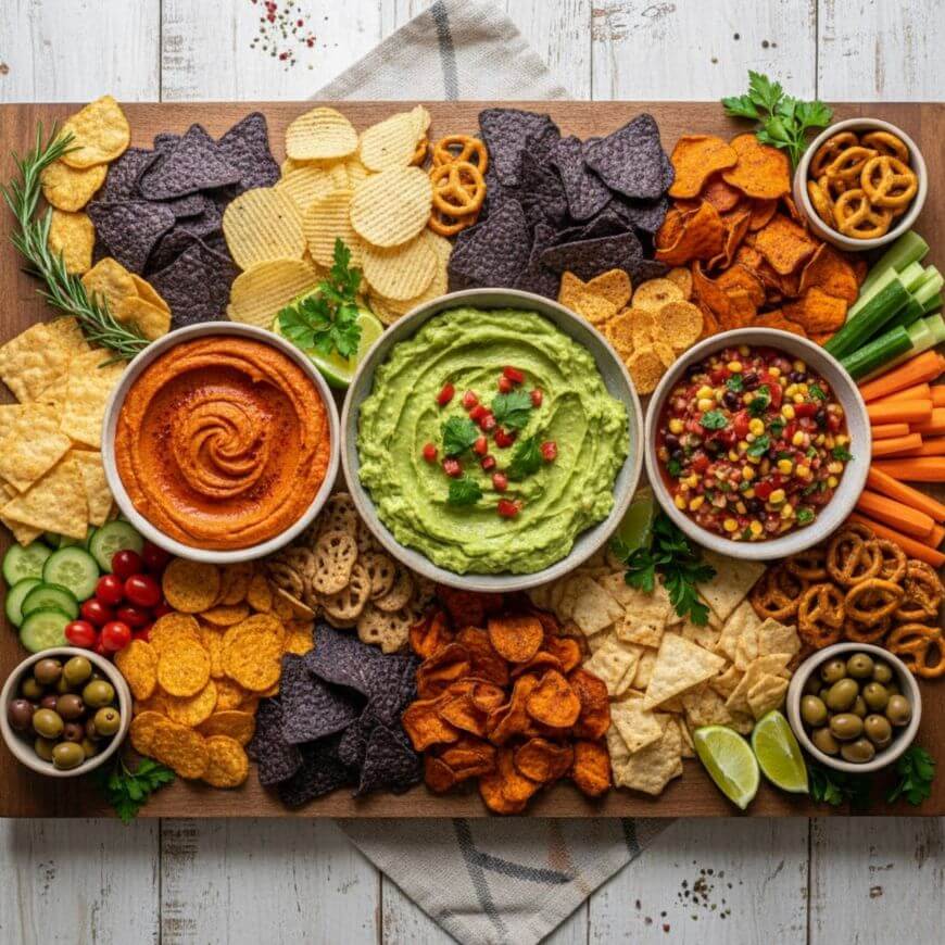 A wooden board with bowls of guacamole, salsa, and hummus, surrounded by assorted chips, pretzels, crackers, vegetables, olives, and lime wedges, arranged neatly for a colorful snack platter.