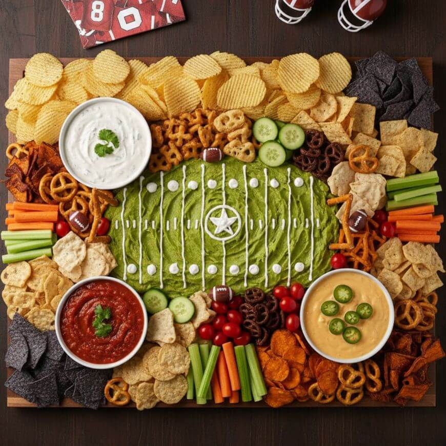 A large snack tray features a football field made of guacamole, outlined with sour cream, surrounded by chips, veggies, dips, and mini football-shaped decorations; perfect for a game day party.