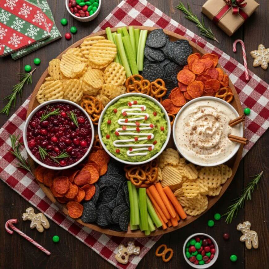 A holiday snack platter with chips, celery, carrot sticks, pretzels, and two dips—one topped with a Christmas tree design. The platter sits on a red checkered cloth, surrounded by holiday treats and decorations.