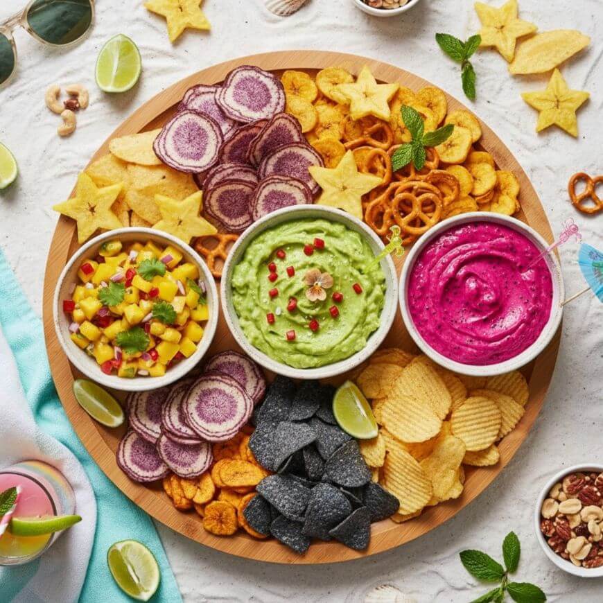 A round wooden platter with bowls of guacamole, pink beet dip, and mango salsa, surrounded by assorted chips, crackers, star-shaped snacks, pretzels, lime wedges, and scattered nuts on a light surface.