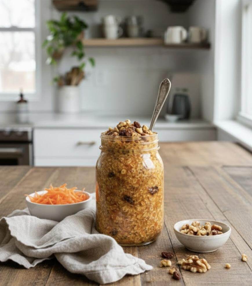 A mason jar filled with carrot cake overnight oats topped with walnuts sits on a wooden table. Nearby are a bowl of shredded carrots, a bowl of walnuts, and a beige napkin. A modern kitchen is in the background.