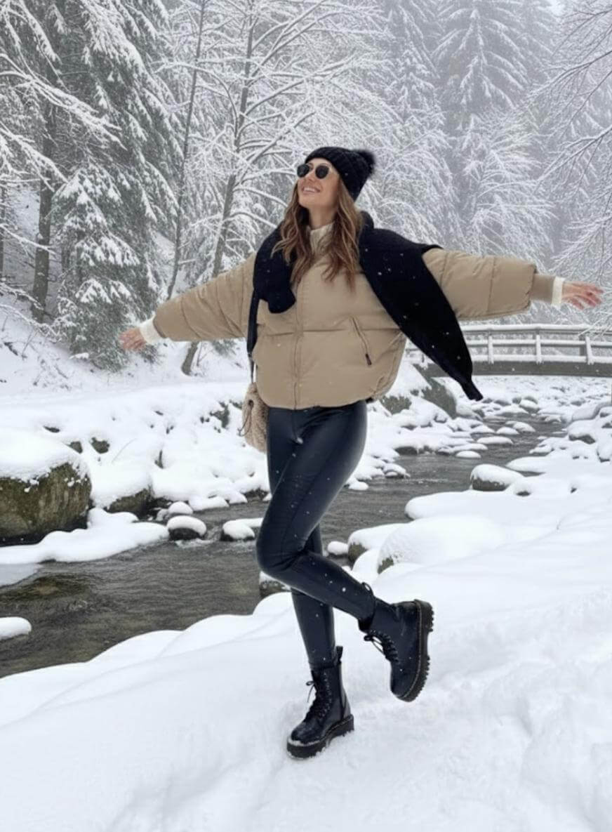 A woman dressed in a beige puffer jacket, black leggings, boots, and a beanie joyfully spreads her arms while standing on snow near a stream, surrounded by snow-covered trees.
