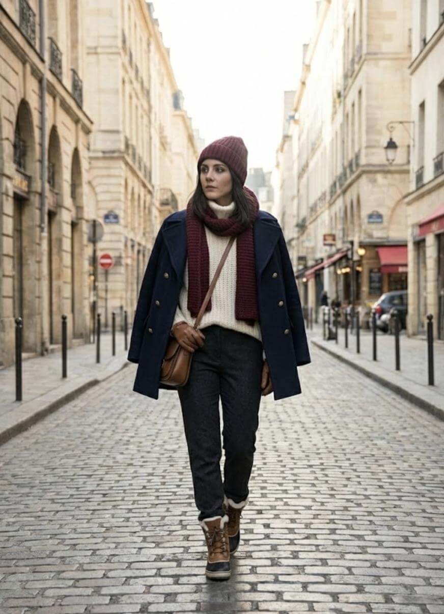 A woman walks down a cobblestone city street wearing a navy coat, maroon hat and scarf, cream sweater, dark pants, brown boots, and carrying a brown bag. Tall buildings line both sides of the quiet street.