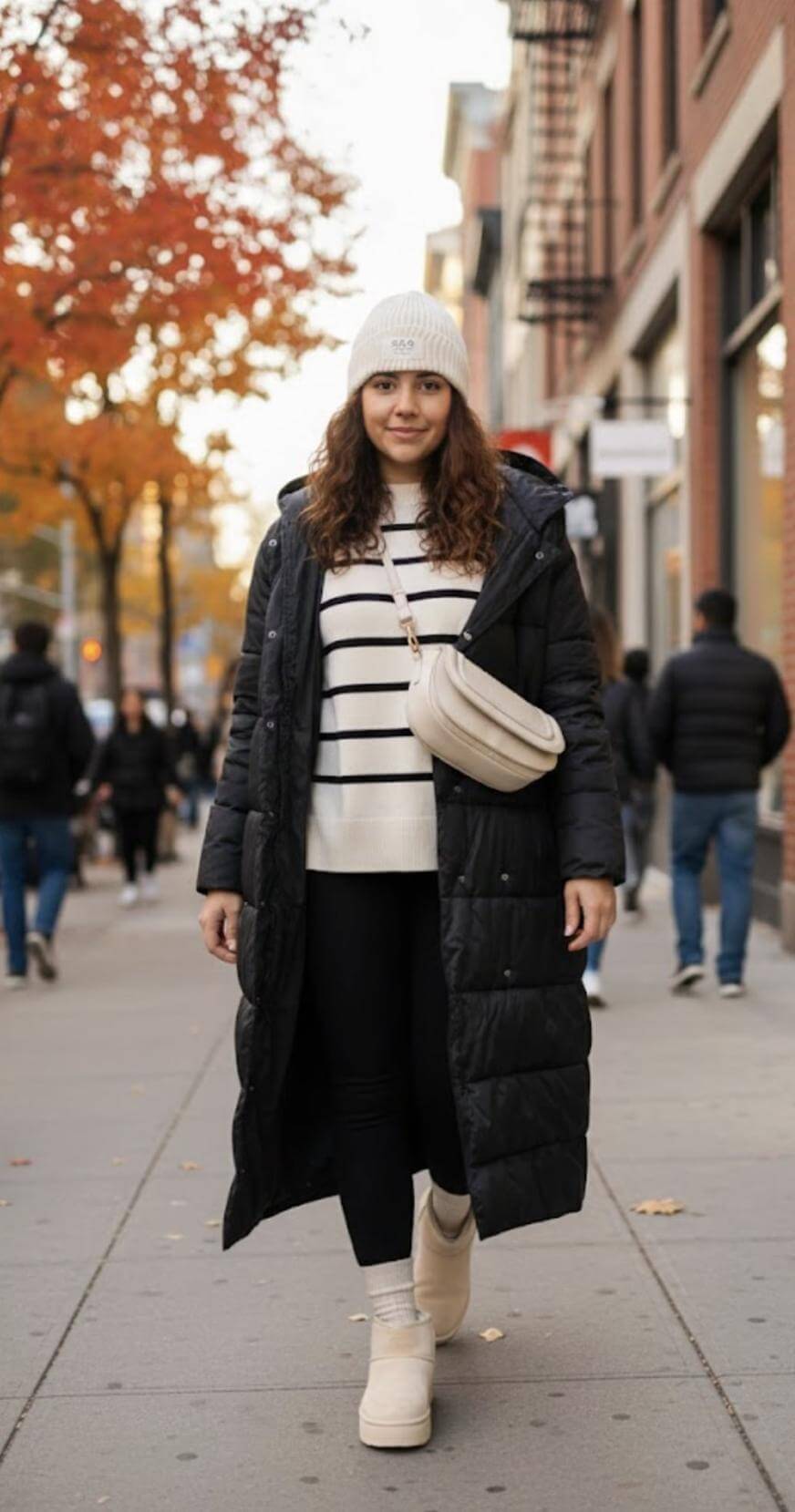 A woman wearing a long black puffer coat, white beanie, striped sweater, black leggings, and white boots walks down a city sidewalk in autumn, with orange-leaved trees and people in the background.