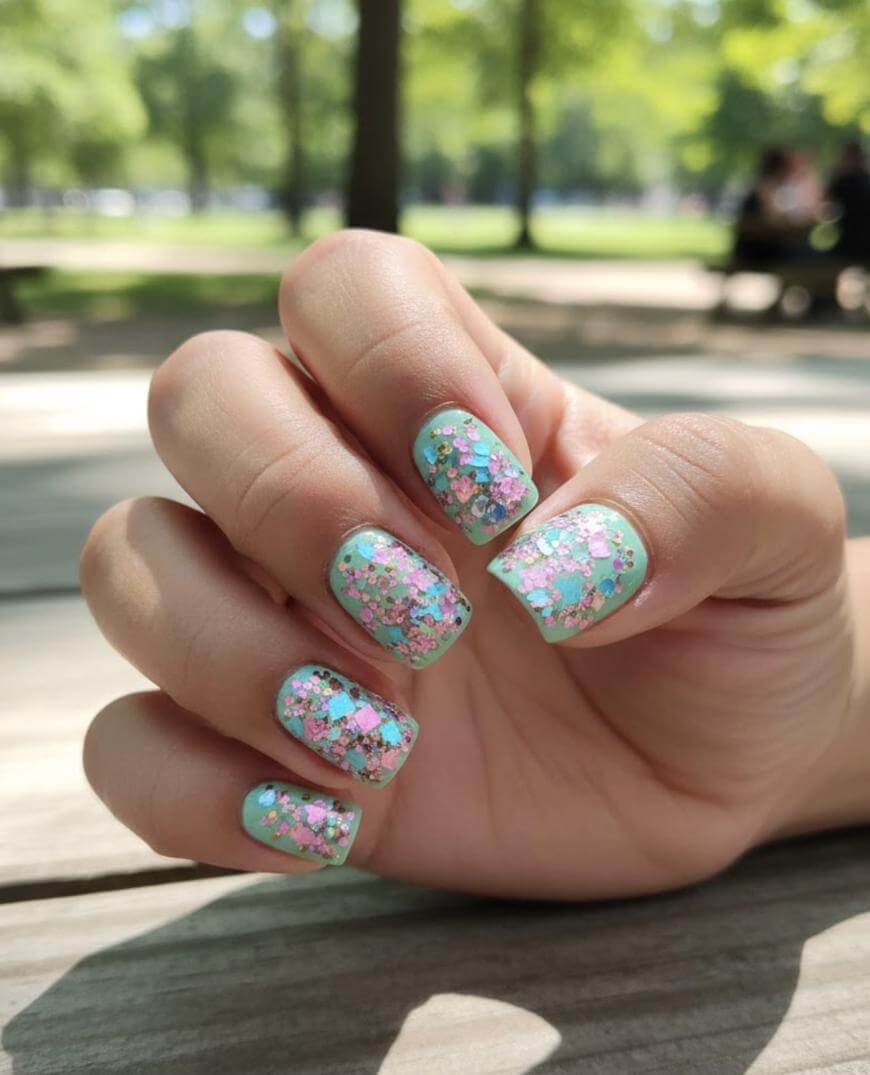 A hand with short, square-shaped nails painted light blue and decorated with pink and silver glitter. The hand is resting on a wooden surface outdoors, with trees and sunlight in the background.
