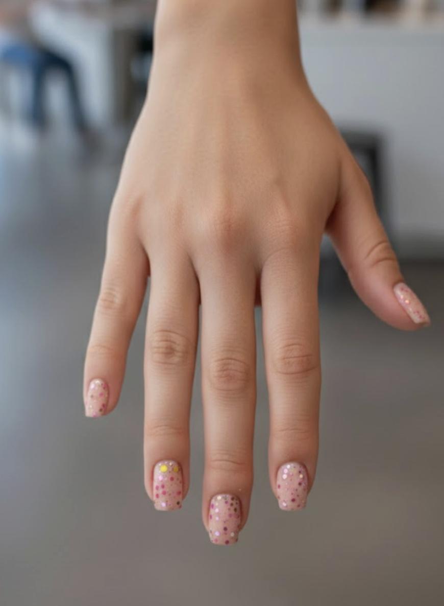 A hand with manicured nails painted light pink and decorated with multicolored polka dots, shown against a blurred indoor background.