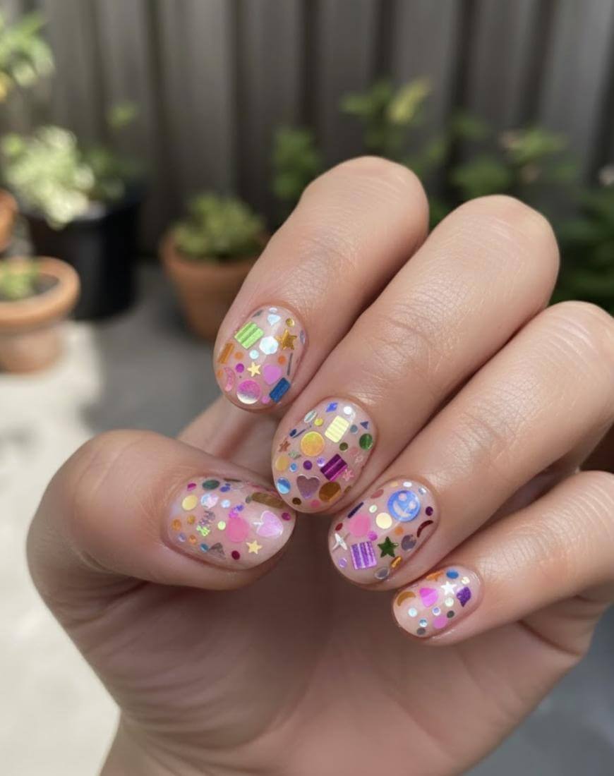 A hand with short, rounded nails decorated with colorful, playful stickers in various shapes like stars, circles, hearts, and squares. The background shows blurred potted plants.