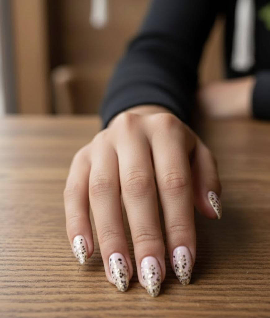 A hand with long, almond-shaped nails featuring a nude base and gold glitter tips rests on a wooden surface. The background is softly blurred.