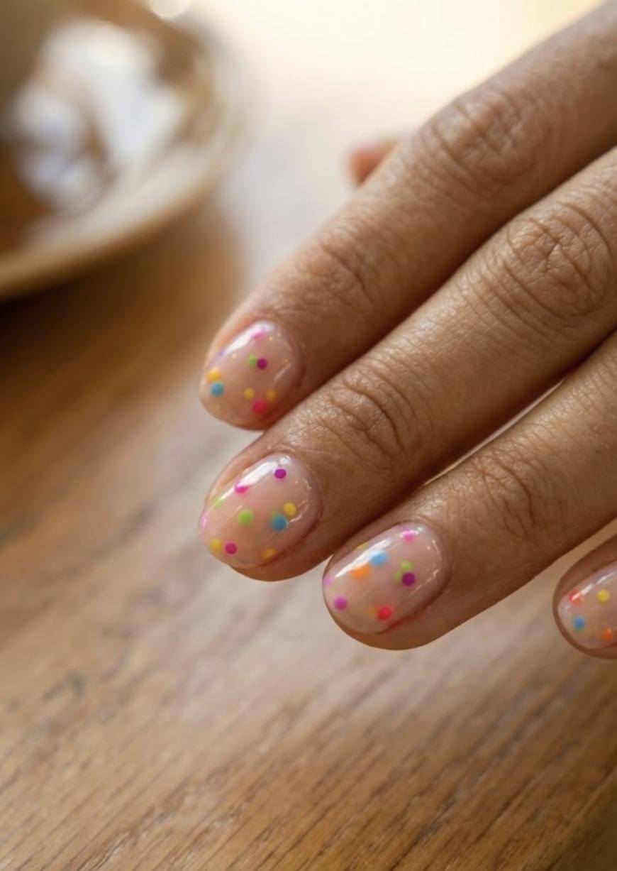 A close-up of a hand with natural nails painted in a clear polish and decorated with small, colorful polka dots on each nail, resting on a wooden surface.