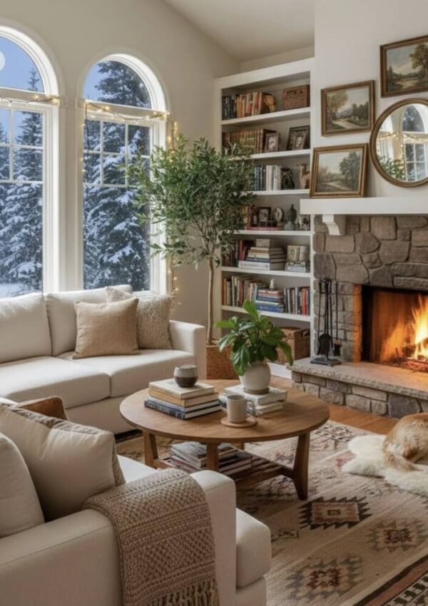 A cozy living room with large windows showing snow-covered trees, a lit stone fireplace, bookshelves, two beige sofas, a wooden coffee table with books and plants, and a dog lying on a rug.