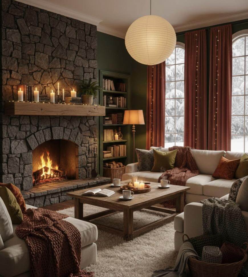 A cozy living room with a stone fireplace, lit candles, and a burning fire. Two white sofas with colorful pillows and blankets surround a wooden coffee table. Large windows reveal a snowy scene outside. Warm lighting creates a snug ambiance.