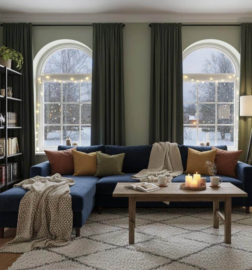 A cozy living room with a navy sectional sofa, colorful throw pillows, and a wooden coffee table with candles. Tall windows with string lights show a snowy scene outside. Bookshelves and dark curtains complete the space.