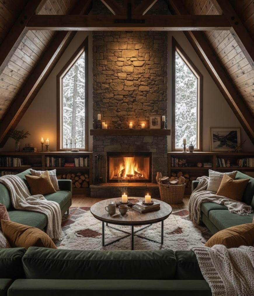 A cozy living room with wooden walls and vaulted ceiling features a stone fireplace, two tall windows with a snowy view, green sofas, candles, and warm lighting, creating a welcoming, rustic atmosphere.