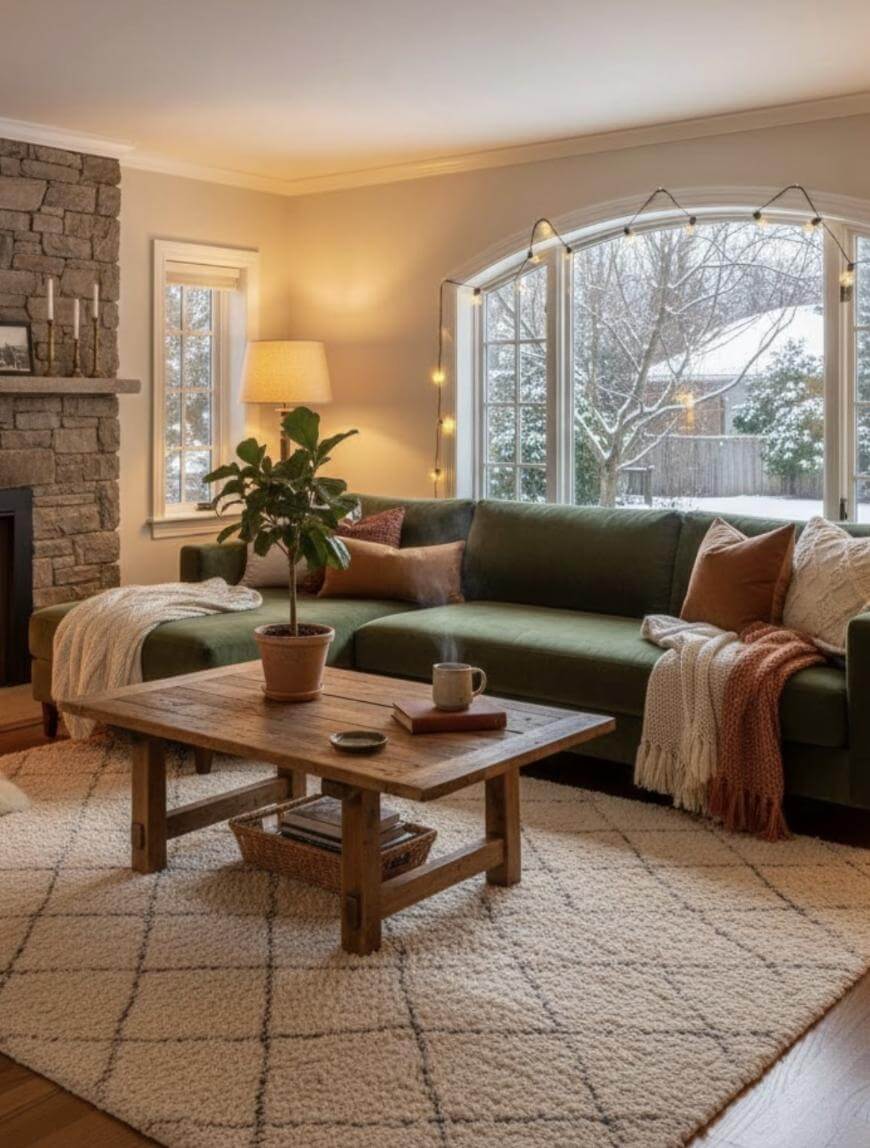 A cozy living room with a green sofa, throw pillows, and blankets. A wooden coffee table holds a mug and book. Large windows reveal a snowy scene outside. Warm lighting and a potted plant create a welcoming atmosphere.