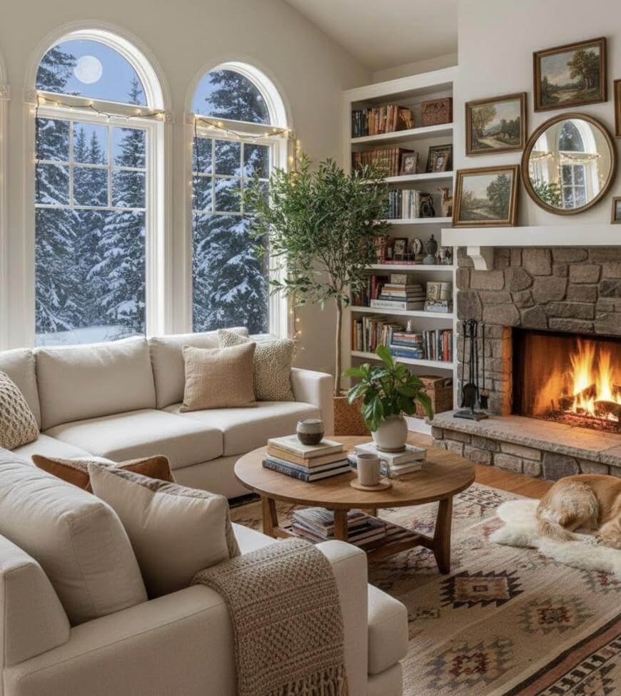 Cozy living room with a beige sofa, round wooden coffee table, bookshelves, stone fireplace with a fire burning, framed art on the wall, a large plant, and snowy trees visible through tall arched windows. A dog lies by the fire.