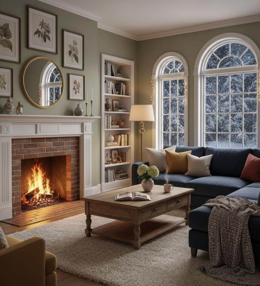 A cozy living room with a lit fireplace, a navy sectional sofa, a wooden coffee table, and large arched windows showing snow falling outside. Shelves, framed art, and a round mirror decorate the space.
