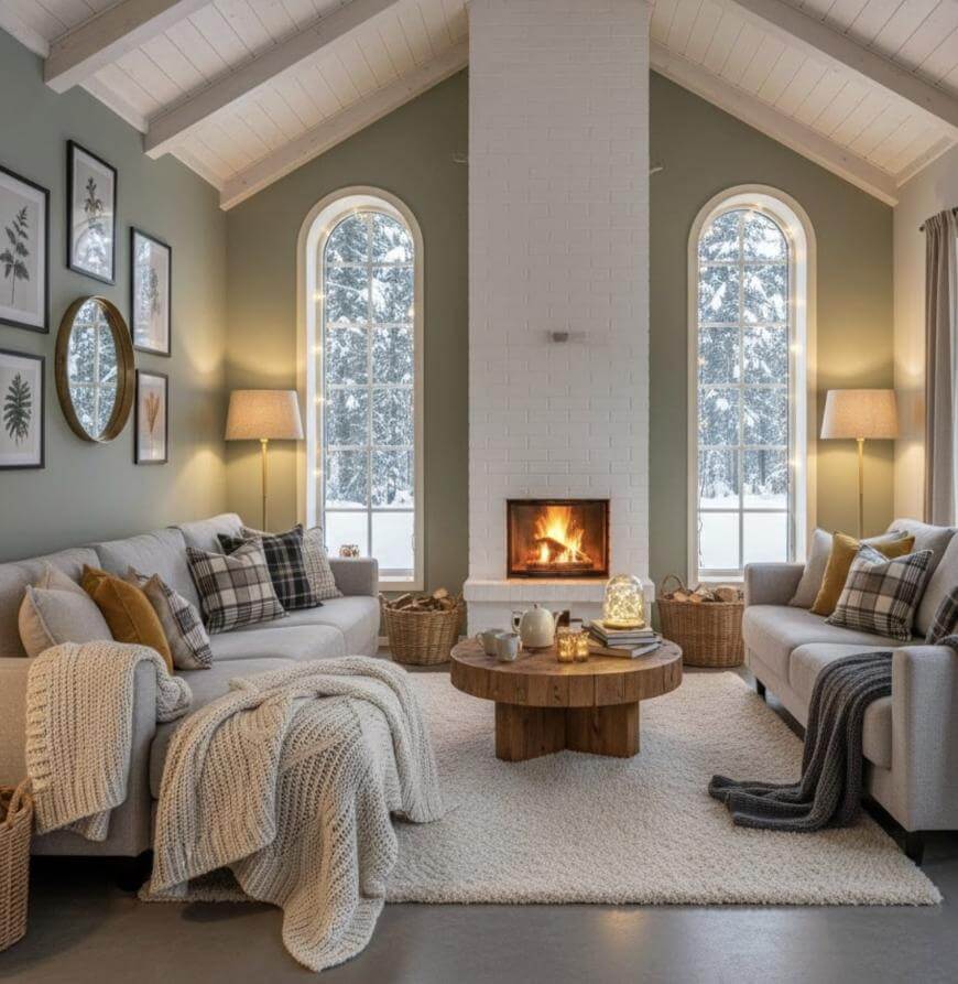 Cozy living room with two sofas, plaid pillows, and knit throws, centered around a round wooden coffee table and white brick fireplace. Large arched windows reveal snowy trees outside. Warm, inviting lighting and wall art decorate the space.