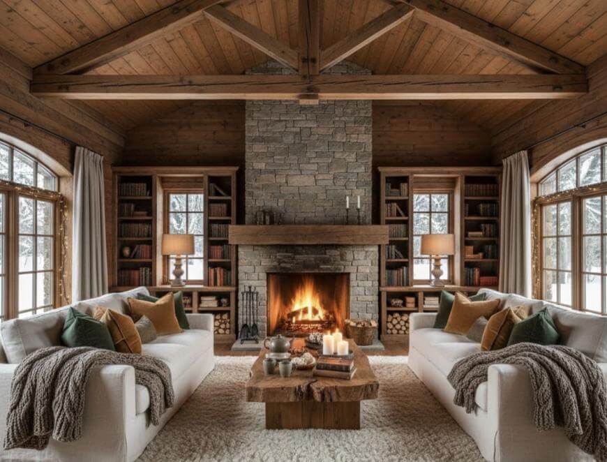 A cozy living room with two white sofas facing a stone fireplace, a wooden coffee table, candles, shelves of books, lamps, blankets, and large windows with snowy trees outside. The ceiling features exposed wooden beams.