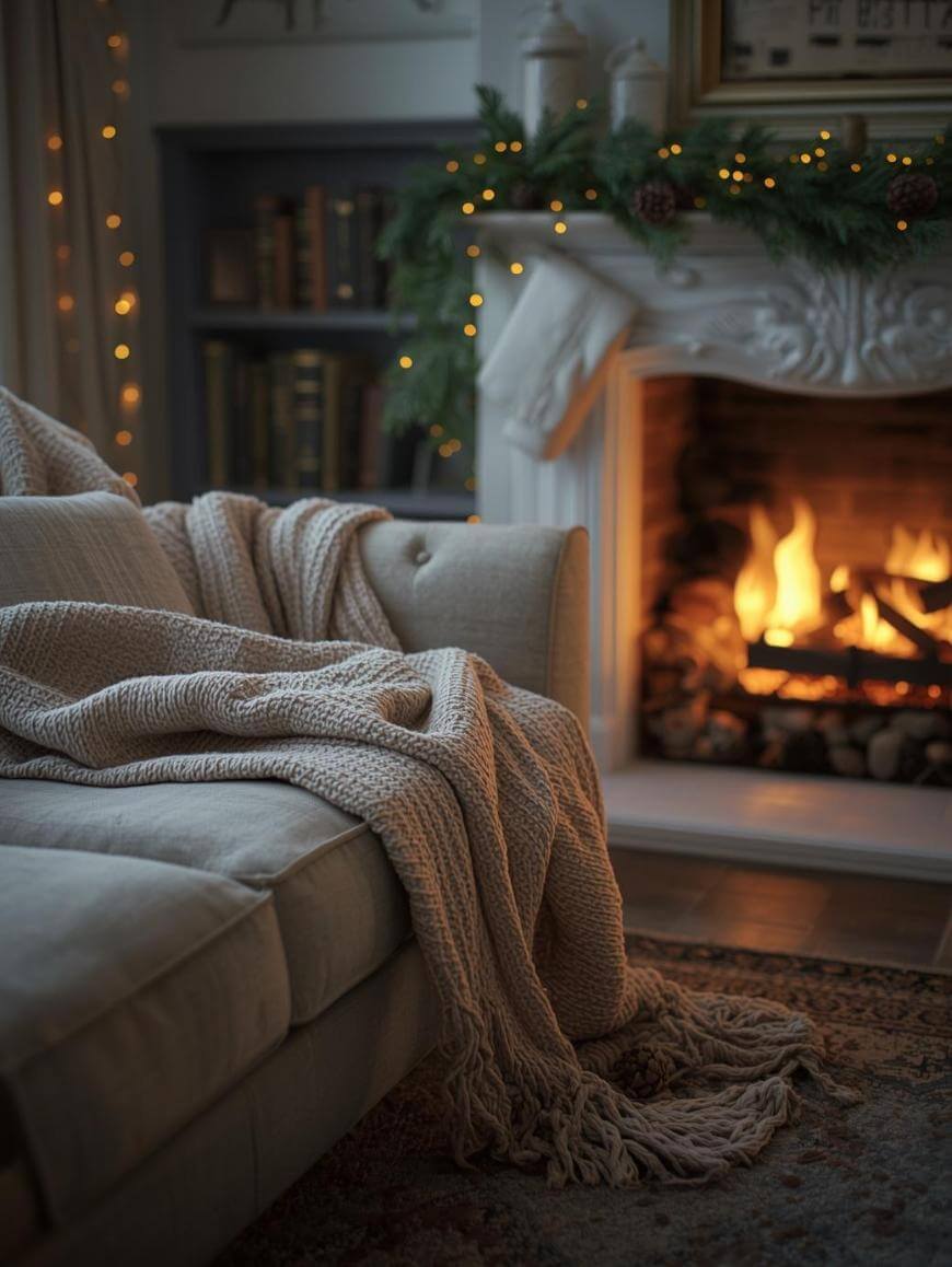 A cozy living room with a beige sofa draped in a knit blanket, set beside a lit fireplace. Garland and string lights decorate the mantel, creating a warm, inviting atmosphere. Bookshelves fill the background.