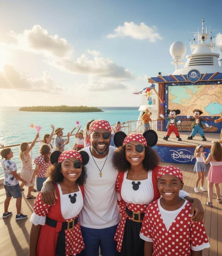 A family dressed in pirate costumes poses on the deck of a Disney cruise ship, with a stage featuring Mickey Mouse in the background and people dancing under a sunny sky near the ocean.