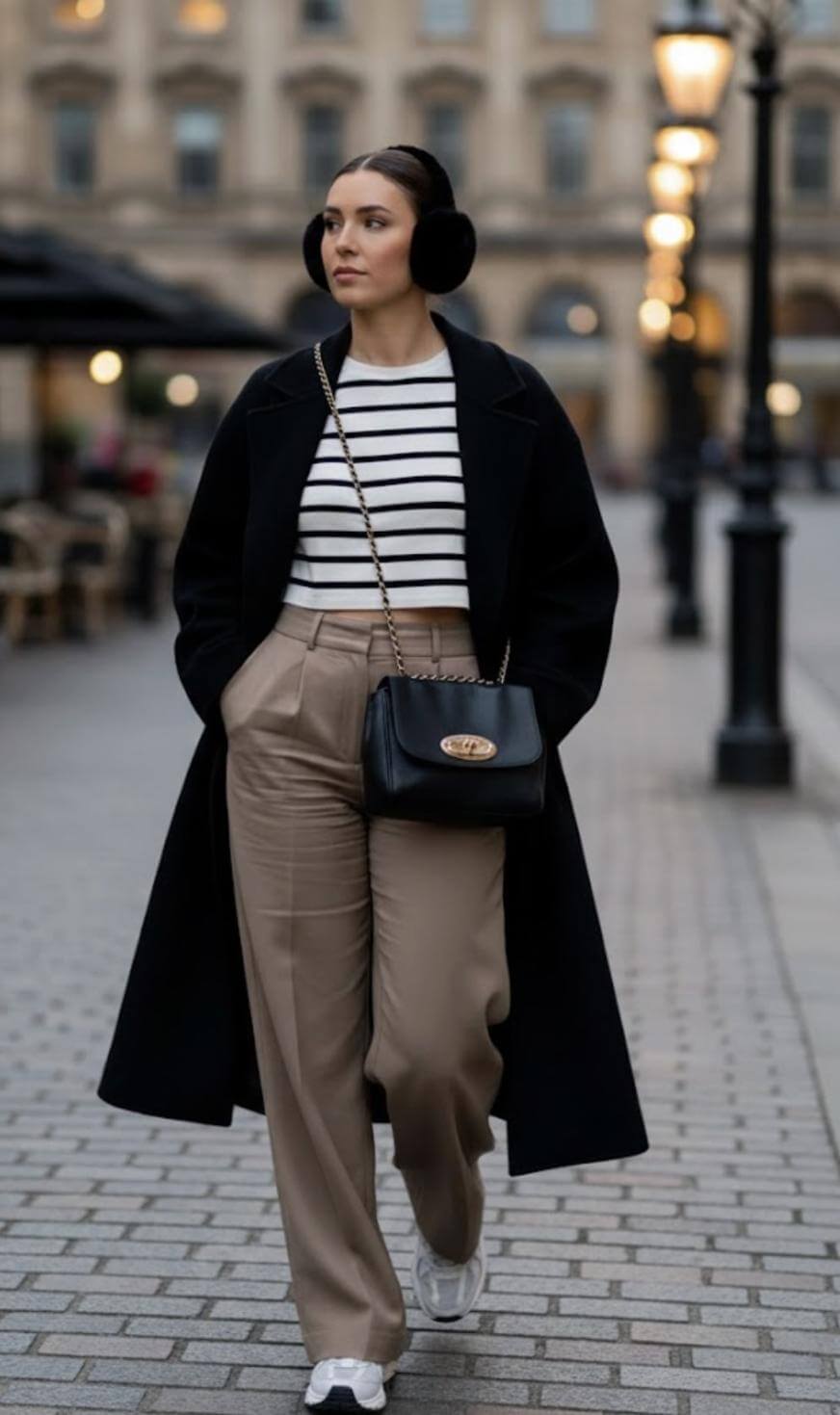 A woman walks on a city sidewalk wearing black earmuffs, a long black coat, a white crop top with black stripes, beige high-waisted trousers, white sneakers, and a black handbag. Street lamps and buildings are in the background.