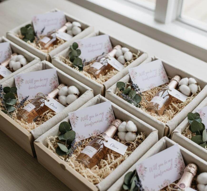 A set of gift boxes containing mini champagne bottles, greenery, cotton sprigs, and cards that read Will you be my bridesmaid? arranged neatly on a table near a window.