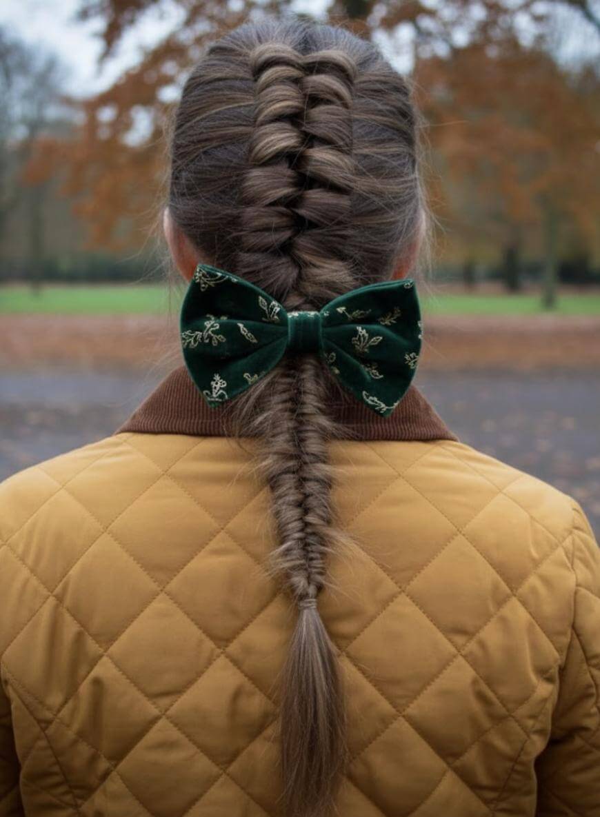 A person with long, brown hair styled in a French braid wears a dark green bow with gold embroidery at the end of the braid. They are wearing a tan, quilted jacket and are outdoors with autumn trees in the background.