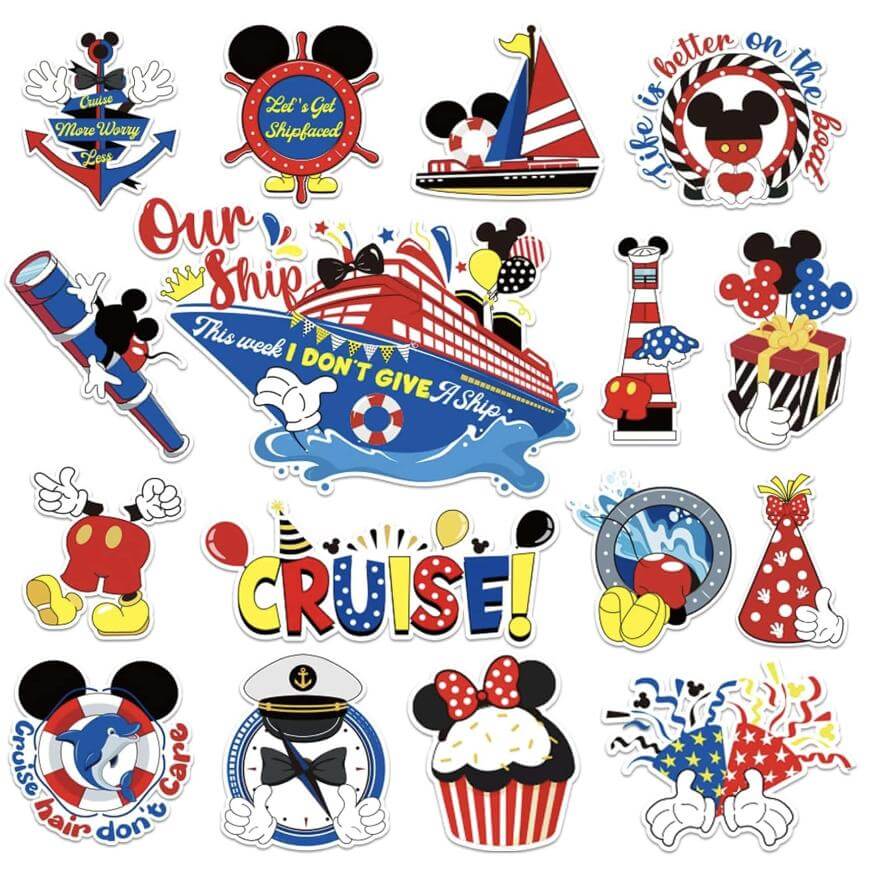 A collection of colorful cruise-themed Disney stickers featuring Mickey Mouse icons, nautical elements, ships, hats, cupcakes, fireworks, and playful text like “Life is better on the Sea” and “CRUISE!”.