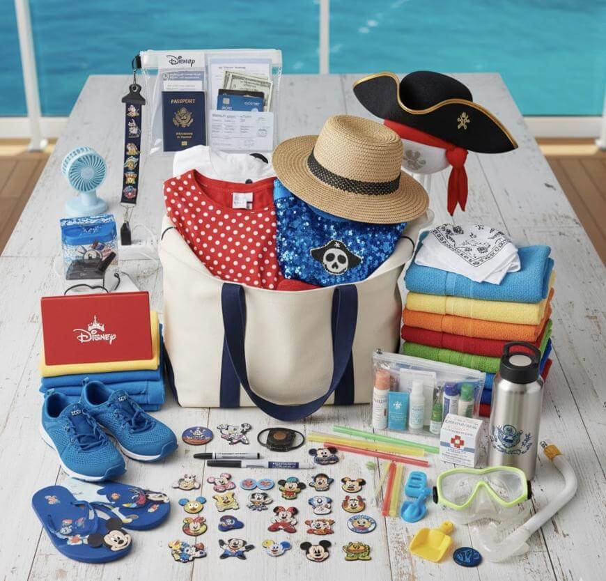 A beach table holds a Disney tote bag filled with clothes, hats, a pirate hat, blue shoes, towels, sunscreen, water bottle, swim gear, Disney-themed pins, stickers, toiletries, and cruise documents, with an ocean view behind.