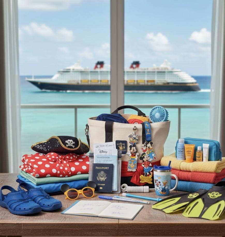 A table with cruise vacation essentials, including a Disney tote bag, Mickey Mouse items, swim gear, sunscreen, a passport, sunglasses, and towels, with a Disney cruise ship visible through a window in the background.