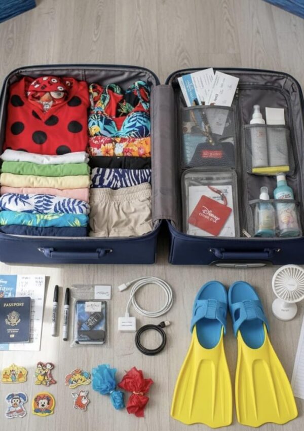 An open suitcase is neatly packed with colorful clothes, toiletries, documents, and a pair of yellow flippers. Around the suitcase are travel essentials like a passport, Disney items, chargers, swim shoes, and stickers.