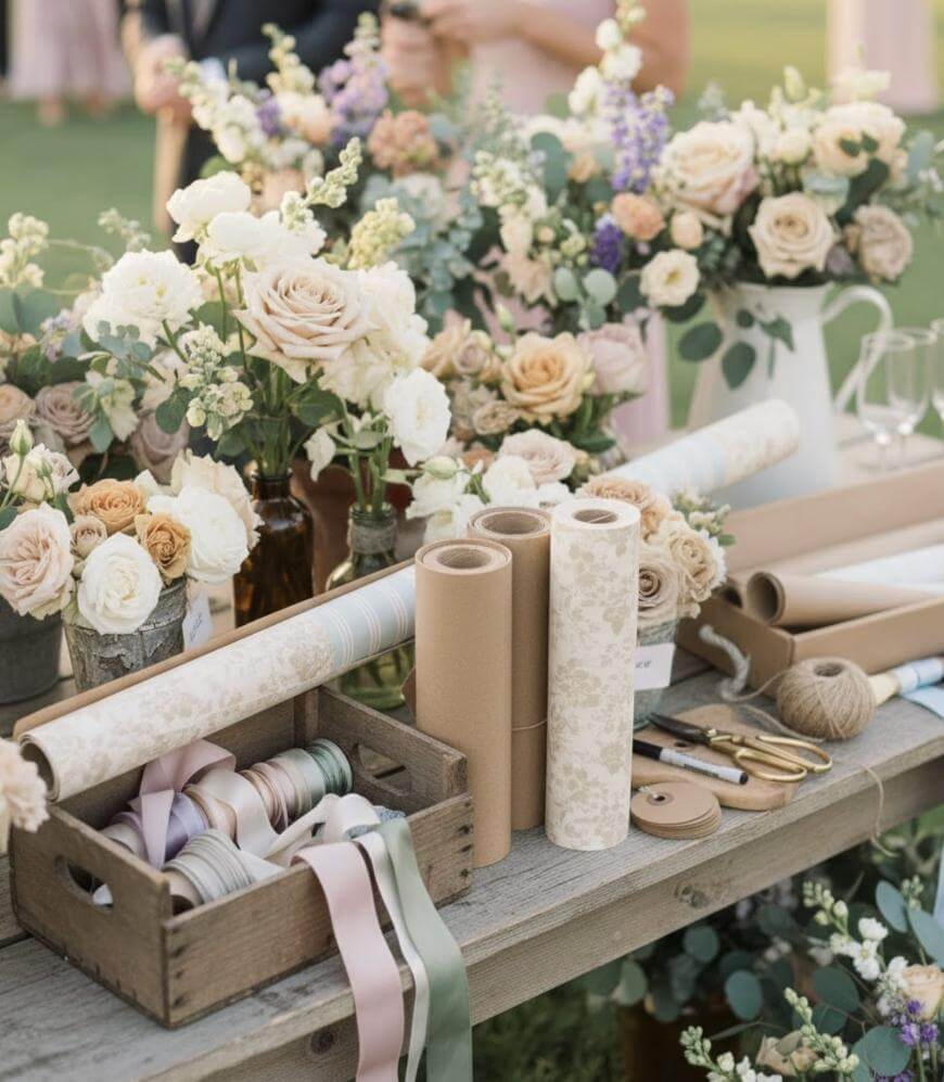 A rustic table covered with floral arrangements, rolls of decorative paper, various ribbons, scissors, and twine, creating a charming, vintage-inspired craft or gift-wrapping setup outdoors.