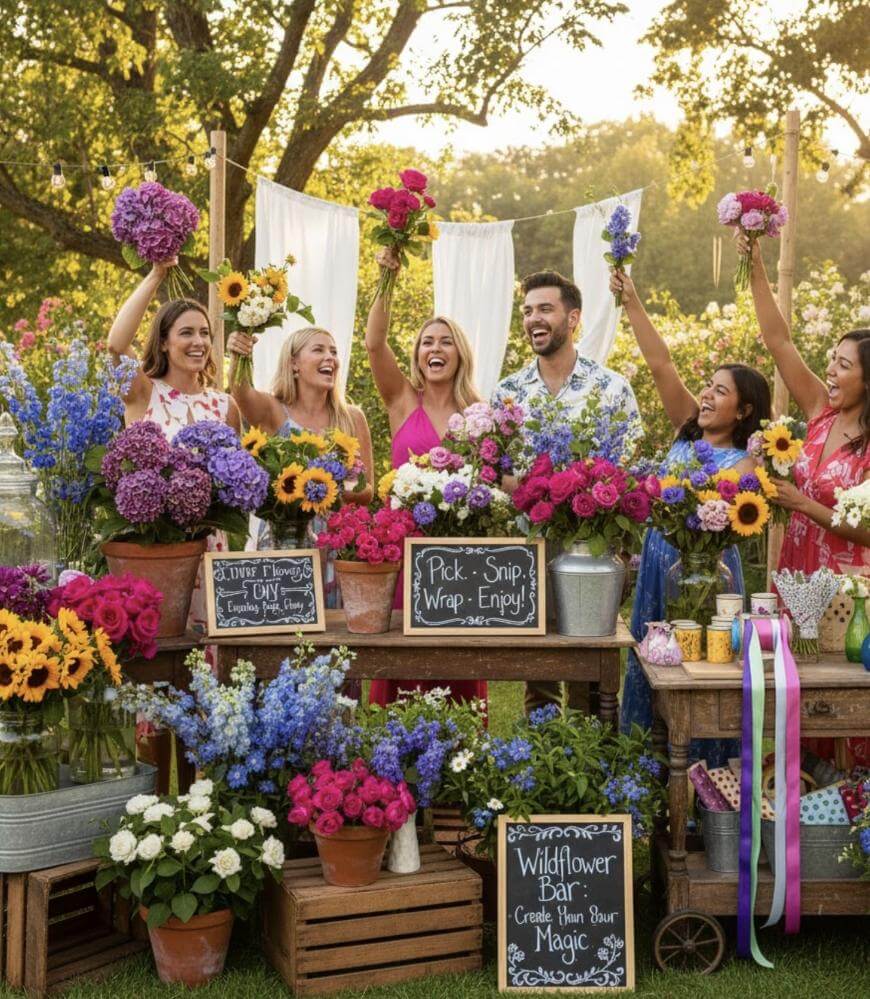 A group of smiling people stands behind a colorful flower stand outdoors, holding bouquets and celebrating. The stand is decorated with sunflowers, roses, and chalkboard signs. Trees and sunlight fill the background.